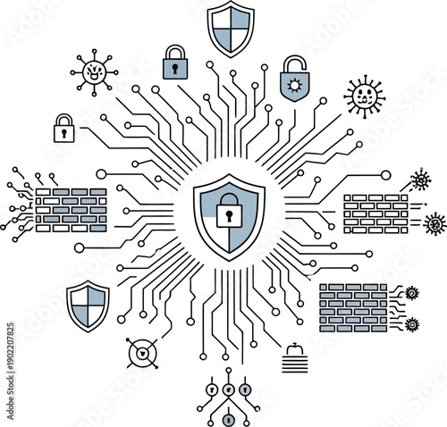 cybersecurity and data protection concepts with digital security shields and virus icons
