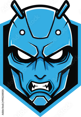 Blue Samurai Mask with Horns Illustration.