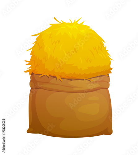 Cartoon brown sack overflowing with golden yellow hay. Vector rustic bag with a straw pile, symbolizes harvest, farming, village and rural life. Agricultural, autumn or countryside livestock element