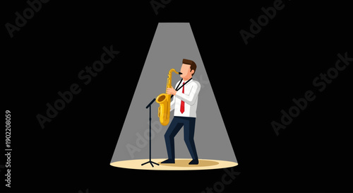 Man playing saxophone on stage under spotlight.