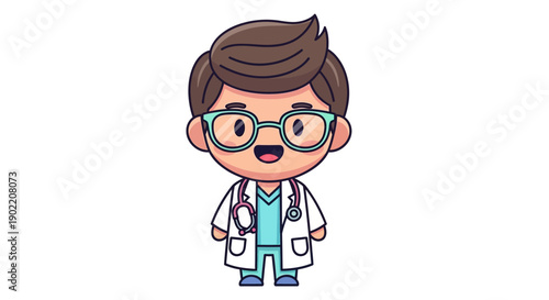 Cartoon Doctor Character with Stethoscope Wearing Glasses.