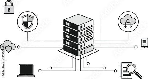 Illustration of a data center with interconnected security and cloud components