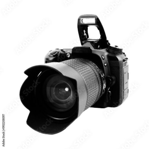 Black and white halftone illustration of a professional DSLR camera with large telephoto lens and flash. Retro dot screen style, isolated photography equipment for media, journalism, and creativity.