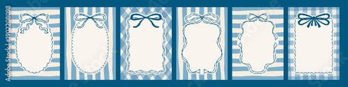 Coquette Vintage posers with ribbon and bows frames on striped and plaid background set. Retro vector greeting card collection with elegant whimsical border. Perfect for boy birthday, wedding design.