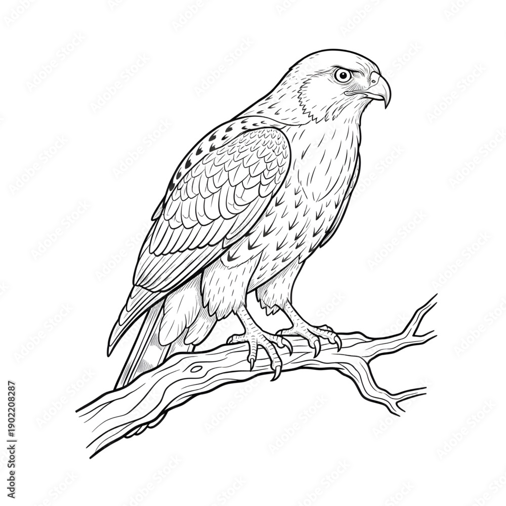 Fototapeta premium Hawk Perched on Branch Line Art - Detailed Falcon Bird of Prey Vector Illustration
