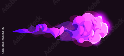 Cartoon magic purple smoke effect. Fantasy vfx explosion, game combat element, light burst, trail, dust, sparkle or comic boom attack. Isolated vector blast with magical fire, glowing energy cloud.