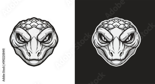 Aggressive reptile head logo design in two versions, one on white and one on black background, featuring detailed scales and intense eyes.