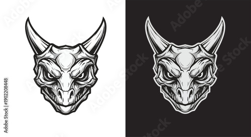 Detailed illustration of a fierce dragon or demon head with horns, presented in both light and dark background versions, showcasing an aggressive and powerful mythical creature design.