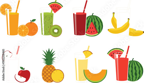 Set of colorful fresh fruit juices and smoothies in glasses featuring orange kiwi watermelon banana apple pineapple and melon on grey background