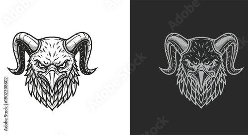 Monochrome illustration of a fierce eagle head with ram horns, presented on both light and dark backgrounds, showcasing a powerful mythical creature design.