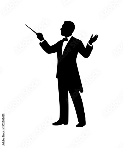 Conductor silhouette leading an orchestra performance with baton
