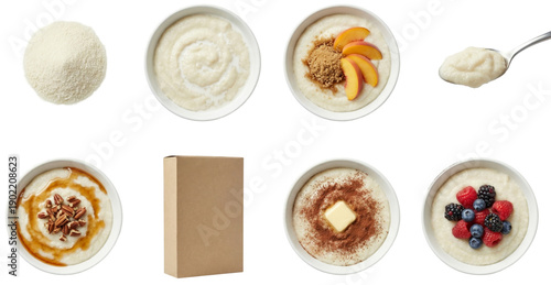 set of cream of wheat in different forms, powder, porridge and with fruits isolated on a transparent background