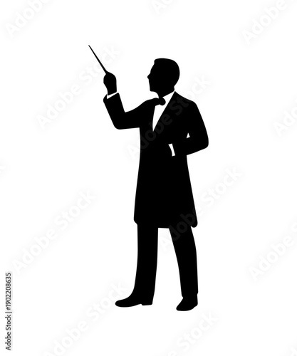 Silhouette of a male conductor in formal smoking suit directing a classical music orchestra