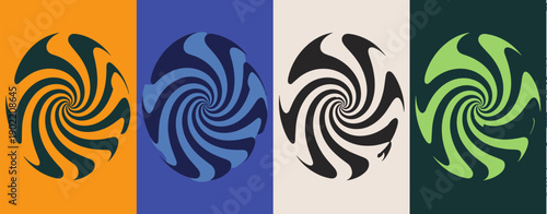Psychedelic spiral background set with wavy lines and hypnotic circular patterns in multiple vibrant color schemes