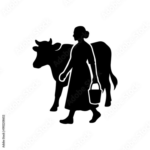 Woman milking cow symbol, traditional dairy farming silhouette