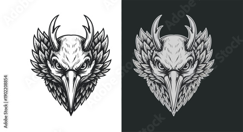 Detailed monochrome illustration of a fierce horned bird creature with a sharp beak and feathered collar, presented on both light and dark backgrounds.