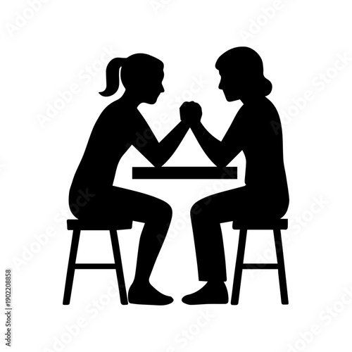 Two women arm wrestling for strength competition silhouette