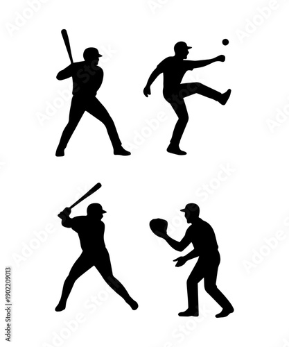 Baseball batter and catcher silhouettes set preparing to hit ball