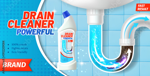Pipe drain cleaner product plastic bottle. Pipe shows cleaning effect with arrows, bubbles and glowing liquid removing dirt and blockages, 3d vector effective cleaning action against clogs and buildup