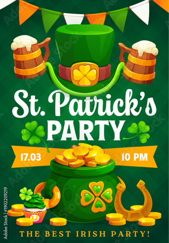 St patrick's day holiday party flyer or banner. Irish folk party vector flyer. Saint Patrick day invitation poster with leprechaun hat and pot, golden coins, flag garland, horseshoe and ale tankard