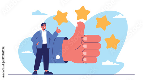 A satisfied man giving a thumbs up with a giant hand and stars in the background