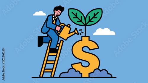 A businessman nurtures a growing plant sprouting from a dollar sign, symbolizing investment and financial growth.