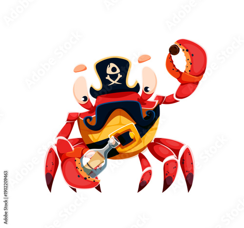 Red crab animal pirate vector character. Cartoon crab corsair with a dark mustache and black tricorn hat featuring a skull, holds a bottle with map in one claw and a cap in the other
