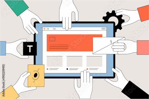 Professional web design and development team working together on user interface mockup for mobile tablet devices