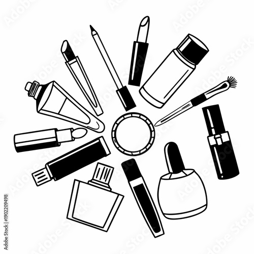 Makeup set with cosmetics and brushes on white background