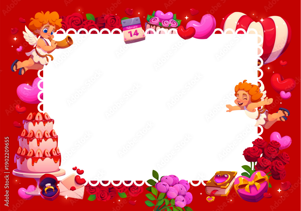 Fototapeta premium Valentine day greeting card, decorative frame with cupids, roses, hearts, cake, gifts, engagement ring, calendar showing February 14, and romantic details surrounding a blank white space for messages