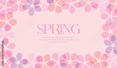 Pastel pink spring background with a frame of overlapping cherry blossom petals. Elegant floral vector template with "SPRING" text, perfect for seasonal greetings, banners, and social media posts.