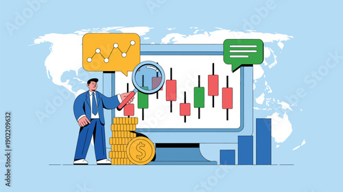 A businessman analyzing financial data on a large computer screen with graphs and charts