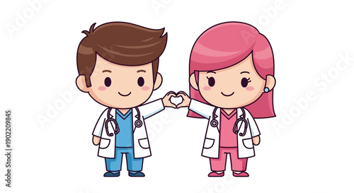 Cartoon Male and Female Doctors Holding Hands.