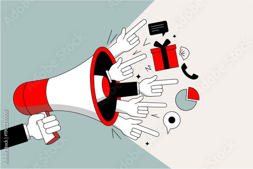 Digital marketing outreach concept showing megaphone and variety of pointing hands with business communication icons