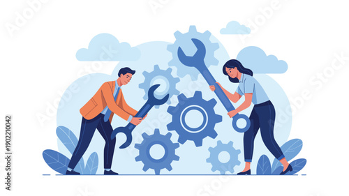 A man and woman working together with large wrenches and gears in a collaborative teamwork concept