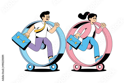 A cartoon illustration of a man and woman running inside wheels with briefcases in hand.