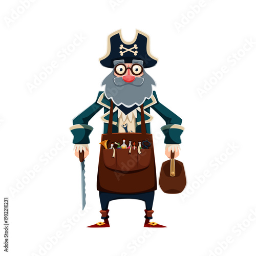 Brave old pirate corsair cartoon character with glasses, tricorn hat, and long beard. Vector personage carrying a suitcase and a saw. Dressed in an apron with potion bottles, this sailor is alchemist