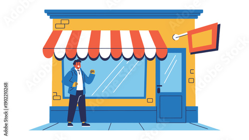 A man stands outside a colorful storefront with a striped awning, looking at his phone.