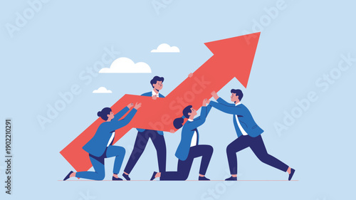 A group of businesspeople working together to push a large red arrow upwards, symbolizing teamwork and growth.