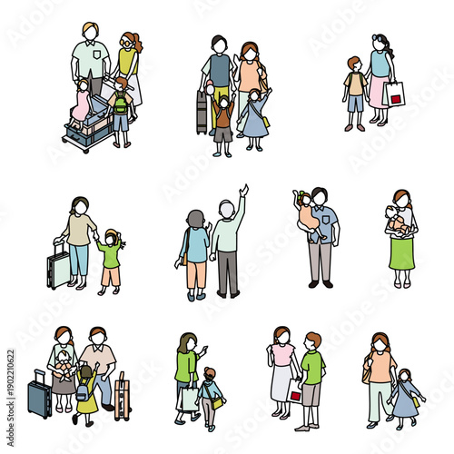 アイソメトリックな家族の旅行セット・荷物カートやキャリーケースで移動する人々