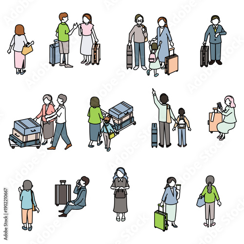アイソメトリックな家族と旅行客のセット・荷物カートやスーツケースで移動する人々