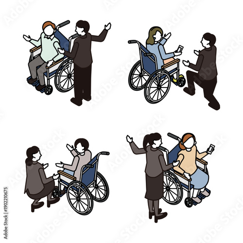 アイソメトリックな車椅子と介助者の人物セット・バリアフリーな施設利用シーン