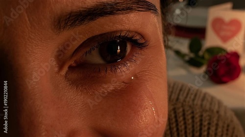 Wallpaper Mural Extreme Close-up of a Sad Woman's Eye Crying with a Single Tear Falling, with a Rose and Heart Card in the Background during a Romantic Candlelight Setting Torontodigital.ca