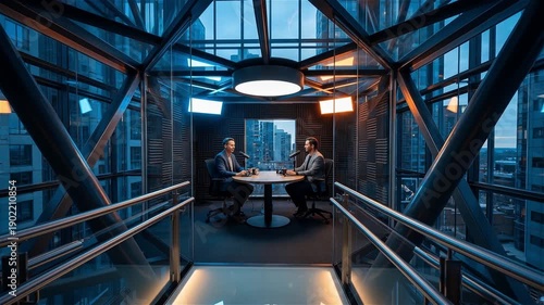 Wallpaper Mural Two Professional Men Recording a Podcast in a Futuristic Glass Studio with City Skyline View, Modern Interior Interview with Microphones and Cinematic Lighting Torontodigital.ca
