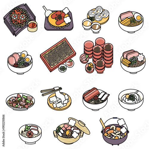 和食の麺類アイコン詰め合わせ・郷土料理のどんぶり素材・ラーメン・うどん・そば