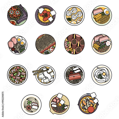 日本の麺料理のイラストセット・ラーメン、うどん、そば、そうめんのベクター素材