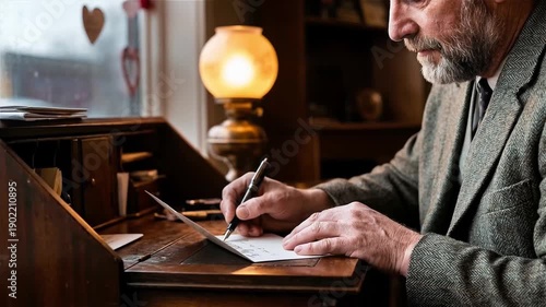 Wallpaper Mural Senior Man Writing a Heartfelt Valentine's Day Love Letter with a Fountain Pen at a Vintage Wooden Desk Torontodigital.ca