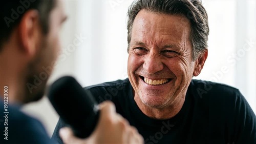 Wallpaper Mural Happy Middle-Aged Man Laughing During a Podcast Interview with Host in Studio Torontodigital.ca