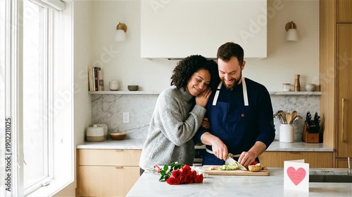 Wallpaper Mural Happy Diverse Couple Celebrating Valentine's Day in Modern Kitchen; Man in Apron Chopping Vegetables While Woman Leans Affectionately Beside Red Roses and a Card Torontodigital.ca