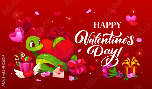 Happy Valentine day greeting card with lovely snake. Vector banner with adorable cute green reptile holding large heart surrounded by balloons flowers, love letters and gift on romantic red background